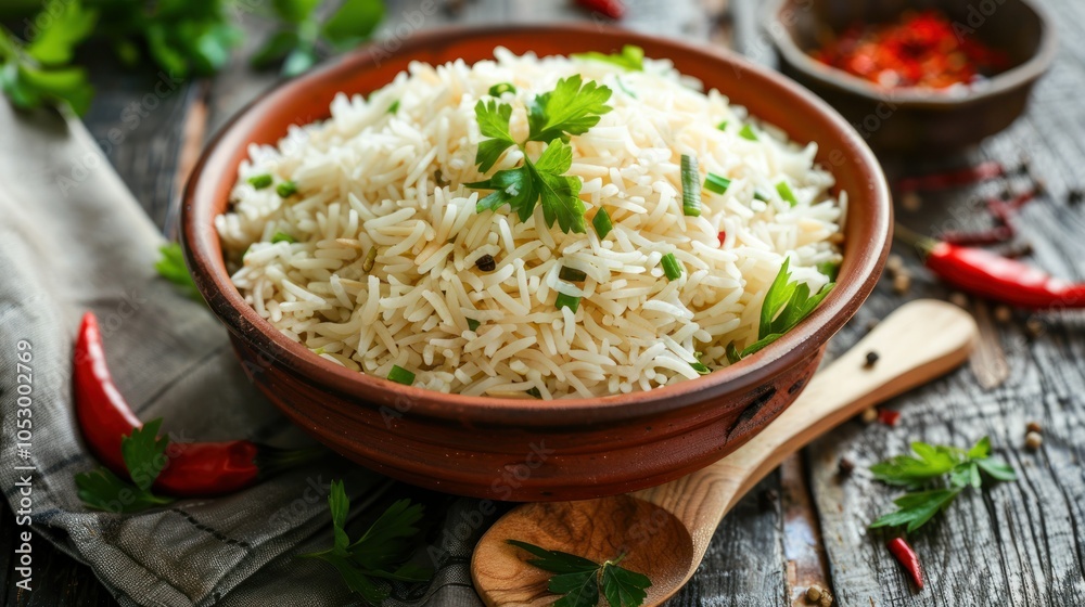 Basmati rice served in a clay bowl on a wooden table. Basmati rice served in a clay bowl on a wooden table.