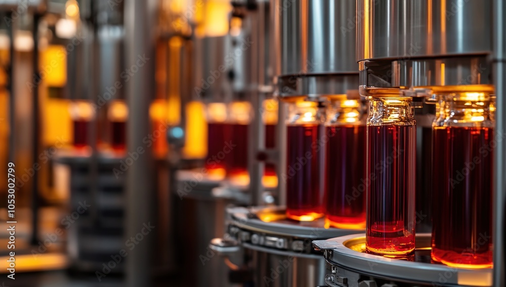 Obraz premium A close-up view of glass bottles being filled with a dark liquid on a factory assembly line.