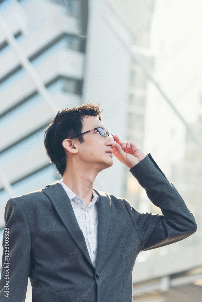Vertical Horizon portrait Asian businessman standing street modern city. Vertical handsome asian business man look at bright future smart confident. Entrepreneur lawyer manager Vertical Horizon portrait Asian businessman standing street modern city. Vertical handsome asian business man look at bright future smart confident. Entrepreneur lawyer manager