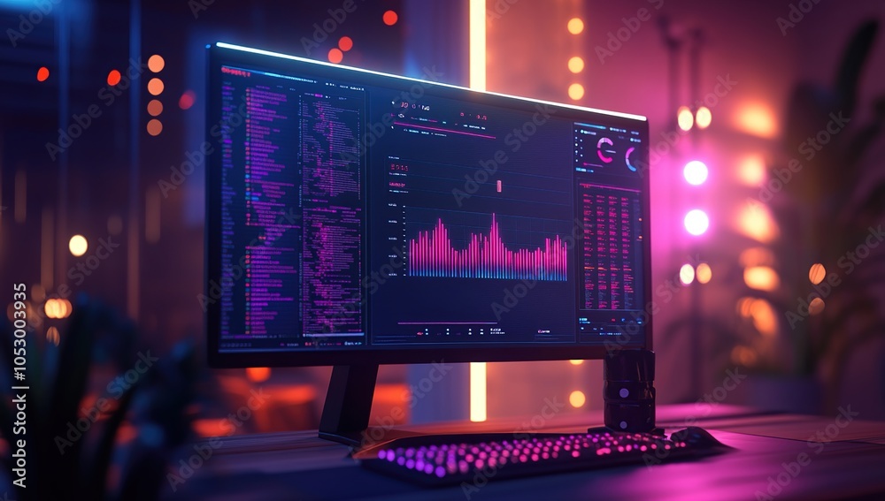 A computer monitor with a graph and data displayed on the screen in a dimly lit room with pink and blue lighting. A computer monitor with a graph and data displayed on the screen in a dimly lit room with pink and blue lighting.