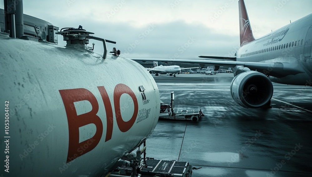 Fototapeta premium A biofuel tanker truck is parked on an airport tarmac, with a passenger jet in the background.