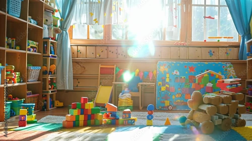 The playroom features an array of colorful toys, building blocks, and educational materials. Sunlight filters through the windows, enhancing the cheerful atmosphere