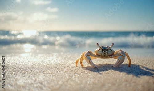 A crab on the white sand beach with the ocean behind it.