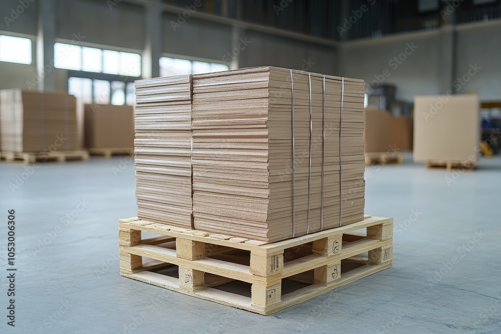 Stacked cardboard sheets on a pallet. This image represents industrial production and shipping of materials. Stacked cardboard sheets on a pallet. This image represents industrial production and shipping of materials.