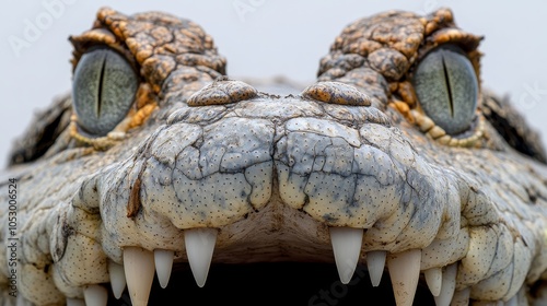 Intense close-up of crocodile jaws, open wide, showing intricate details of scales and teeth, clean white background. wildlife focus, predator detail photo