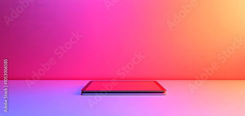 A minimalistic scene featuring a tablet on a vibrant, gradient background with purple and orange hues, creating a modern and artistic vibe.