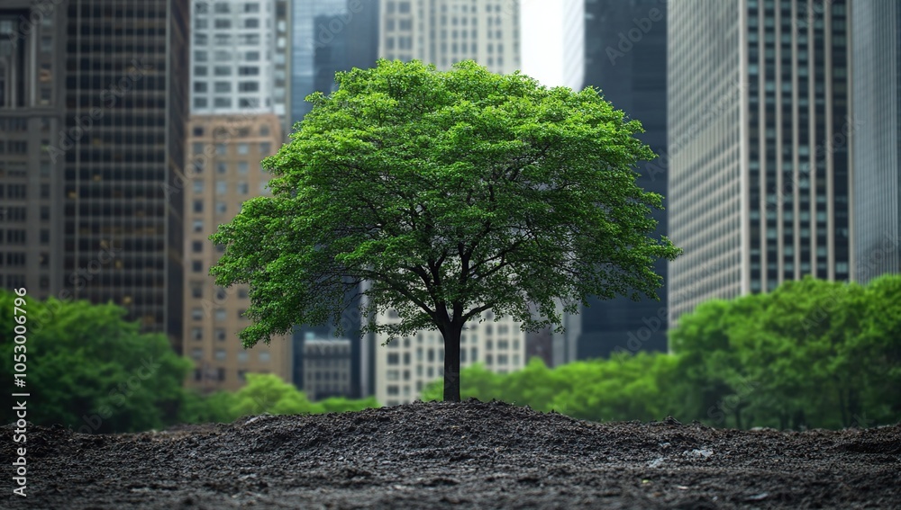 A lone tree stands tall in a patch of dirt surrounded by towering skyscrapers and lush greenery, showcasing the beauty of nature in an urban setting. A lone tree stands tall in a patch of dirt surrounded by towering skyscrapers and lush greenery, showcasing the beauty of nature in an urban setting.