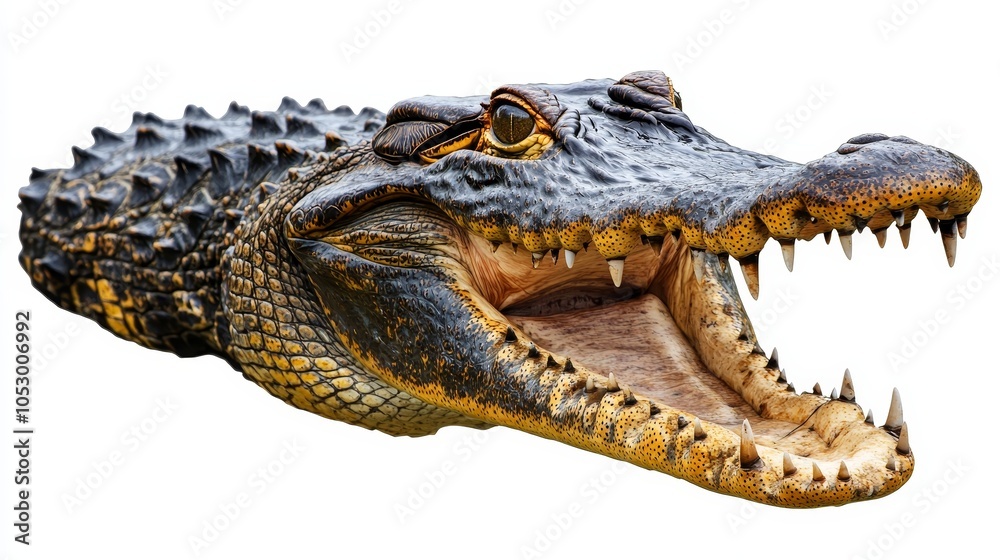 Fototapeta premium Isolated crocodile head with open mouth, sharp teeth bared, rugged skin texture visible, set against a white backdrop. crocodile focus, sharp details