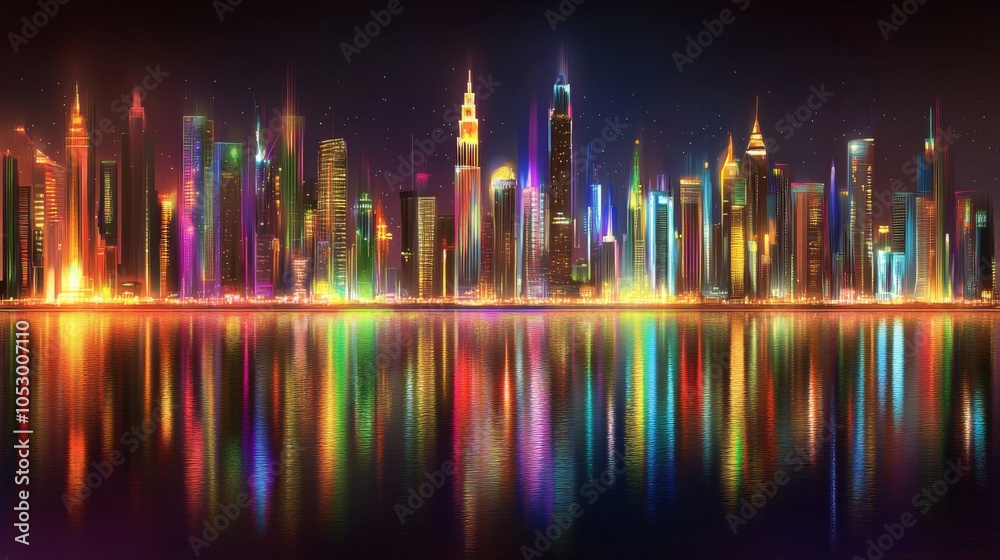 Modern City Skyline at Night with Vibrant Lights Modern City Skyline at Night with Vibrant Lights