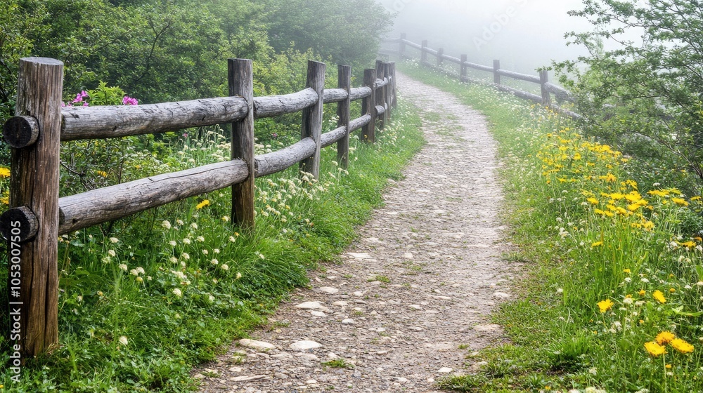 Serene Pathway Through Foggy Green Landscape Serene Pathway Through Foggy Green Landscape