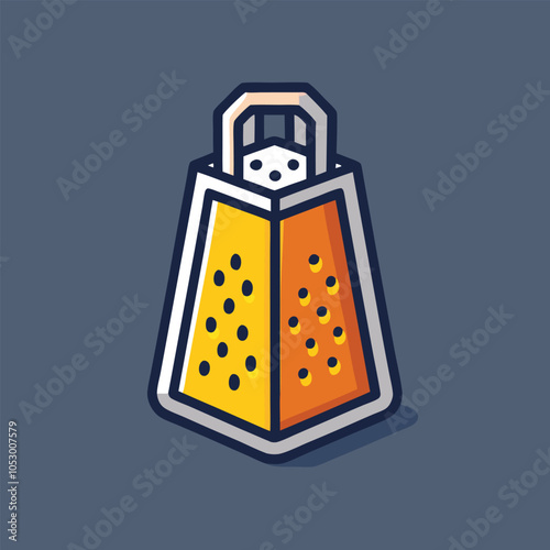 A colorful illustration of a cheese grater. The grater is yellow and orange with a silver handle.