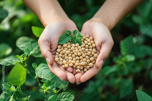 Hands hold soybeans in a field. The image depicts the agricultural process of growing soybeans.