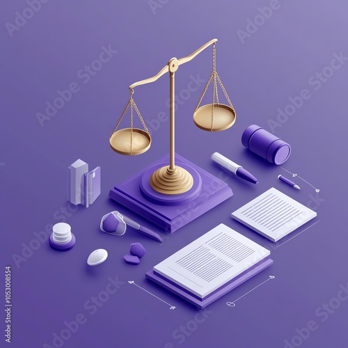 Scales of justice with legal documents and tools on purple background