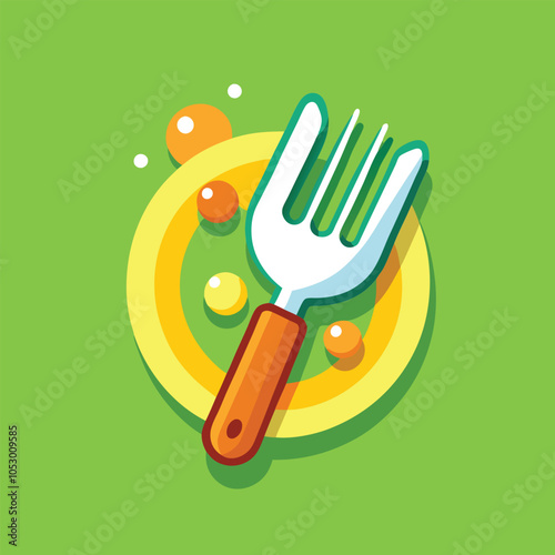 A colorful illustration of a fork and plate with food.  The fork is sticking up in the air and there are some orange and yellow food items on the plate. 