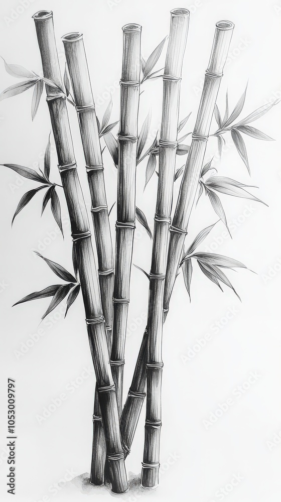 Elegant Bamboo Stalks in Black and White Pencil Art - Realistic Botanical Sketch of Bamboo Leaves and Stems - Nature Inspired Minimalist Wall Decor