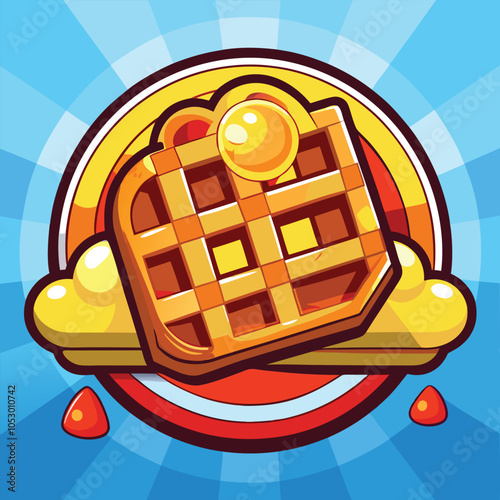 A cartoon waffle with a dollop of butter and a splash of syrup.