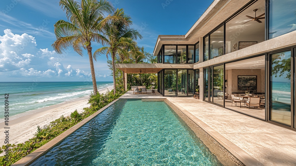 Fototapeta premium A modern luxury villa with a swimming pool overlooking the ocean and a sandy beach.