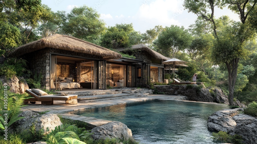 Luxurious villa with a pool surrounded by lush greenery. Luxurious villa with a pool surrounded by lush greenery.