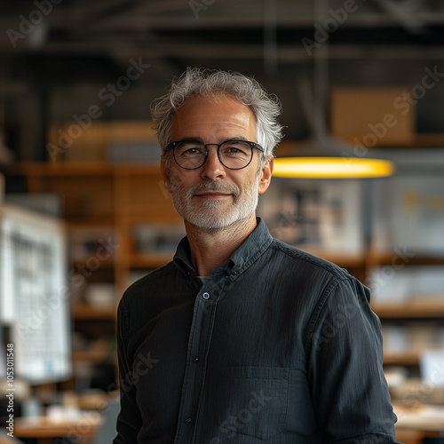 Lifestyle portrait of a handsome architect with gray hair, a beard and glasses posing in his studio 