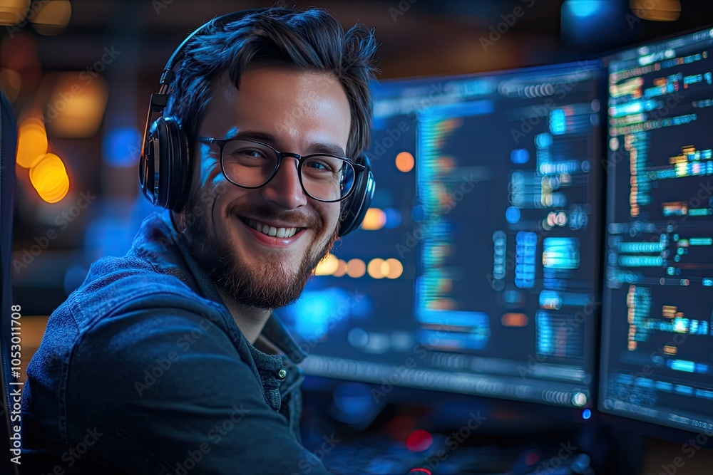 Smiling programmer working at night. This photo shows a programmer focused on his work in a dark room. Smiling programmer working at night. This photo shows a programmer focused on his work in a dark room.