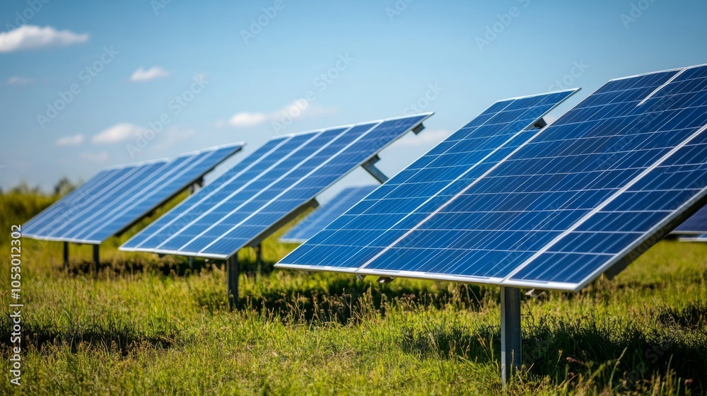 Solar Panels on Green Field Under Blue Sky Solar Panels on Green Field Under Blue Sky