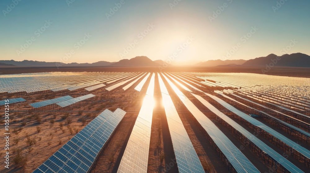 Solar Energy Farm at Sunset with Reflection on Panels Solar Energy Farm at Sunset with Reflection on Panels