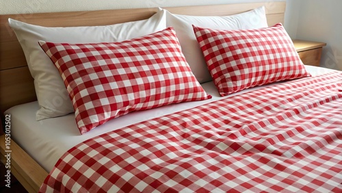 delicate bedding with red and white checkered pattern on the bed