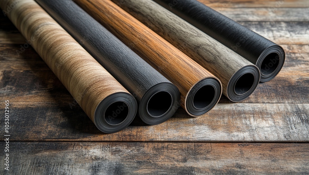 Four rolls of vinyl flooring in different wood grain patterns on a wooden surface.