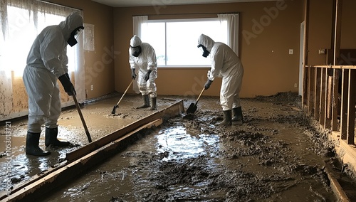 Three workers in protective suits and boots clean up mud and debris inside a flooded house.