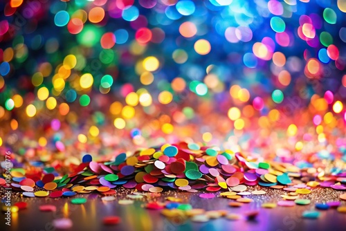 Colorful confetti in front of colorful background with bokeh leading lines