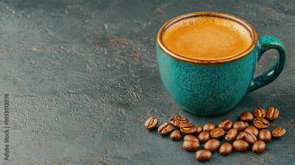 Coffee cup with beans on a textured surface, warm tones and rich aroma. Coffee cup with beans on a textured surface, warm tones and rich aroma.
