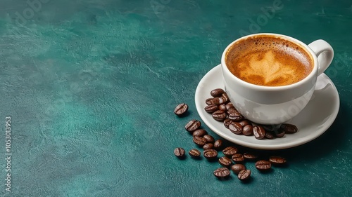 Coffee cup on table with roasted beans, dark background, stylish presentation.