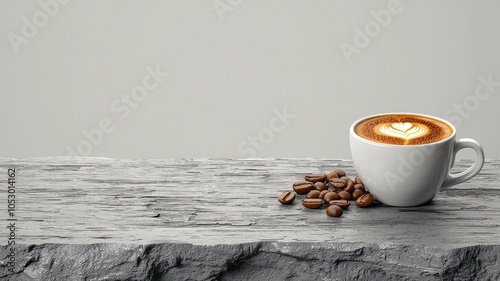 Coffee cup with latte art and roasted beans on stone surface.