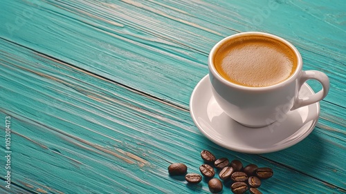 Coffee cup with saucer and beans on wooden surface, vibrant turquoise background.
