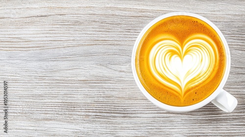 Delicious latte with heart design on wooden table, perfect for cozy moments.