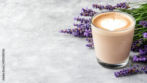 Lavender latte garnished with lavender sprigs on a gray background