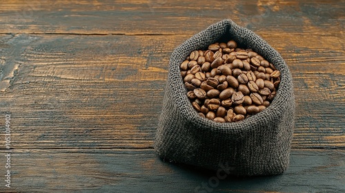 Sack of roasted coffee beans on a rustic wooden surface.