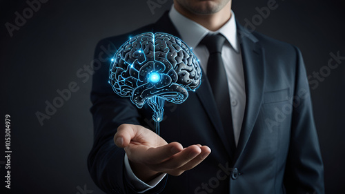 Business professional holding a glowing digital brain, representing artificial intelligence and innovation in technology