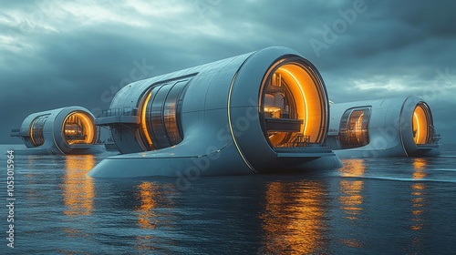 A futuristic cityscape of cylindrical, white, glowing buildings floating on a calm body of water against a cloudy sky.