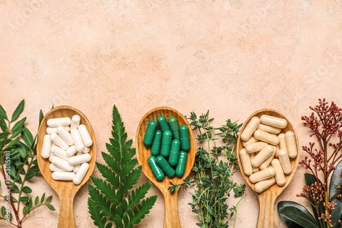 Composition with different pills and fresh herbs on color background, closeup