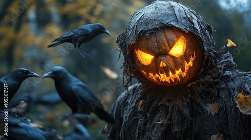 A spooky scarecrow with a carved pumpkin head and crows. photo