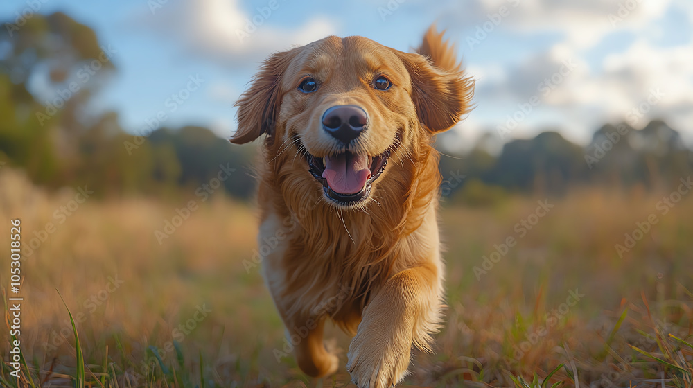 Obraz premium Golden retriever dog running happily through a grassy field with a joyful expression.