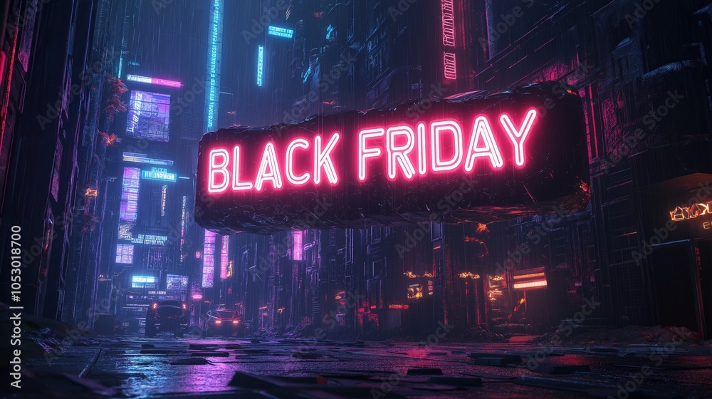 Pink neon Black Friday sign suspended in futuristic urban environment Pink neon Black Friday sign suspended in futuristic urban environment