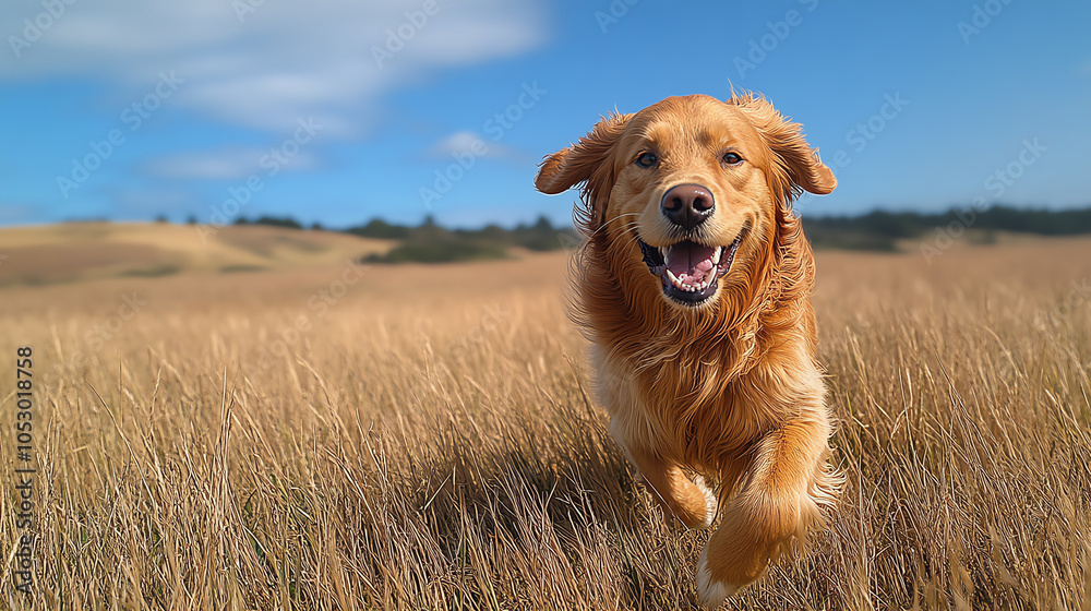 Obraz premium Golden retriever running joyfully in a grassy field under a blue sky.