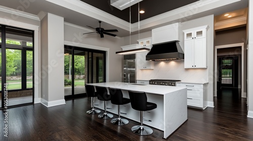 Modern Kitchen Island Design: Sleek, sophisticated kitchen with large island, dark hardwood floors, and black range hood. Perfect for modern home design inspiration.  photo