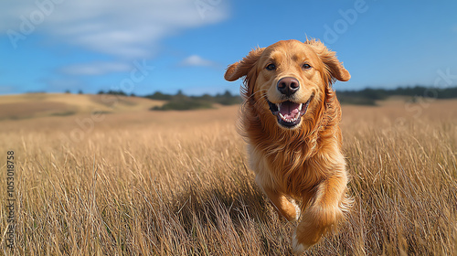 Golden retriever running joyfully in a grassy field under a blue sky. photo