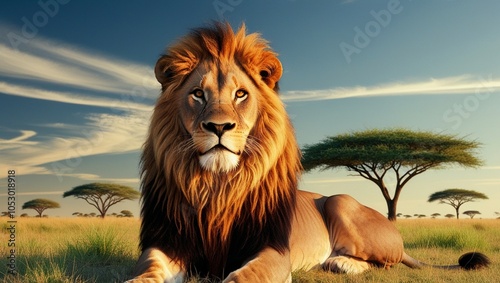 Lion sitting in field shining evening background 