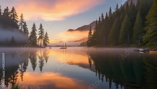 Serene lake and lush forest at sunset, with warm reflections on the water, capturing the peaceful beauty of nature at dusk.