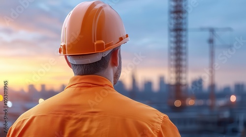 Construction worker observing urban skyline at sunset.