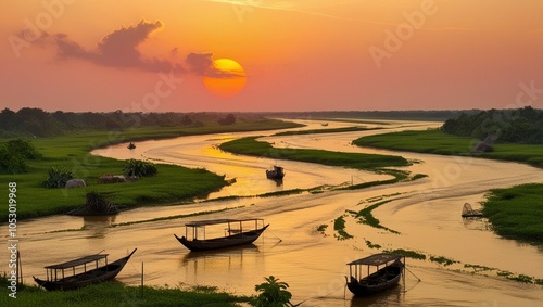 Sunlit landscape with gently rolling fields and a vibrant sunset sky, highlighting rural beauty and tranquility